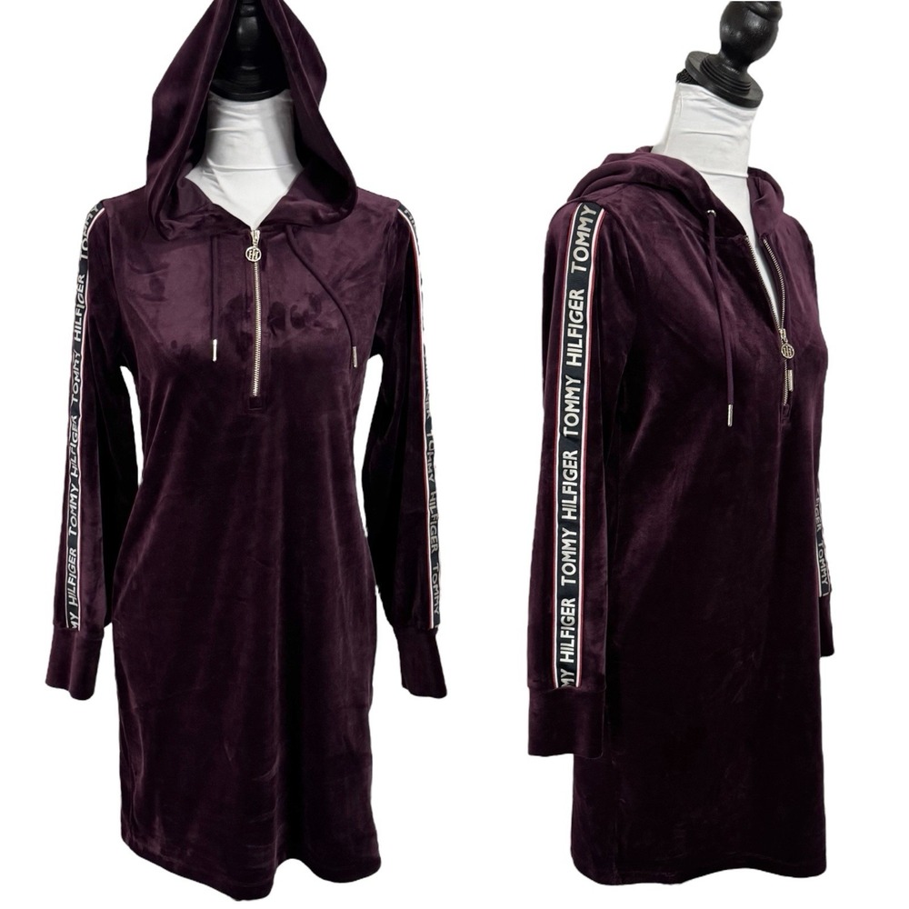 Tommy Hilfiger Velour Hoodie Mini Dress Size Small P‎ Logo 1/4 Zip Casual Velvet